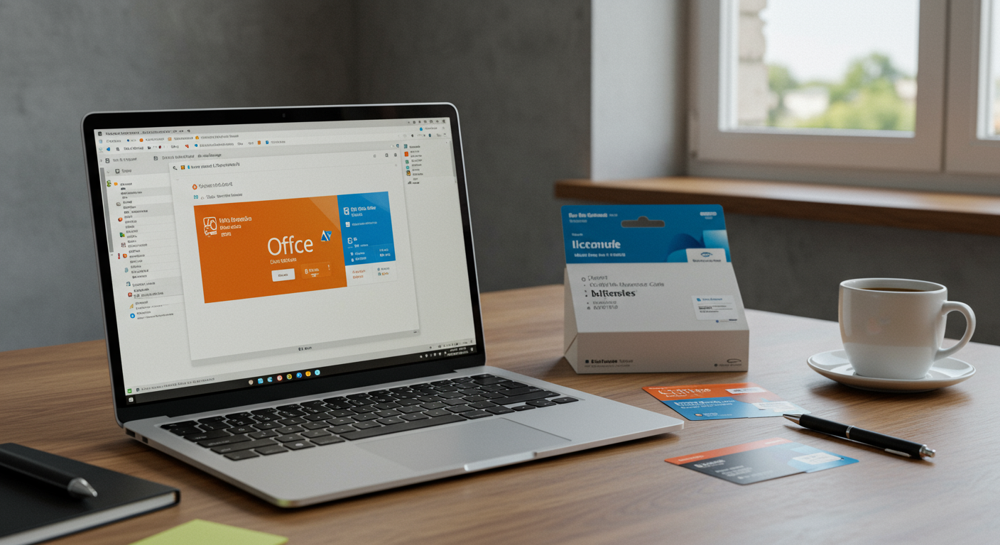 オフィスデスクに置かれたパソコンとOfficeソフトウェアのパッケージ