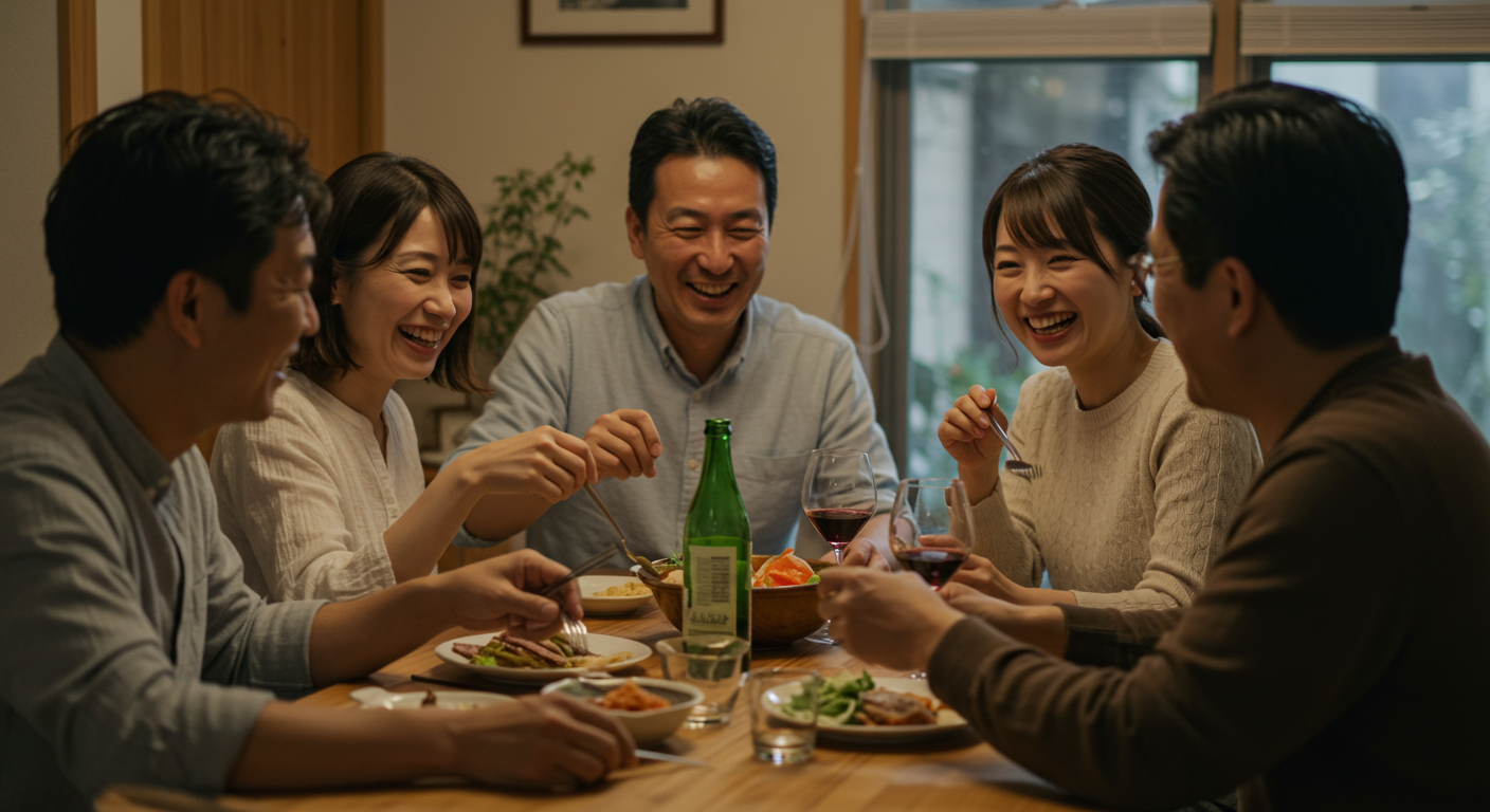 40代の充実した人間関係を表す食事会の様子