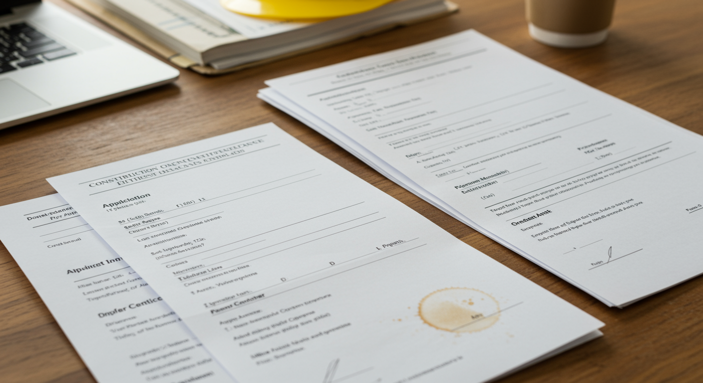 実務経験証明書のサンプル書類と必要書類が並べられた机上の様子