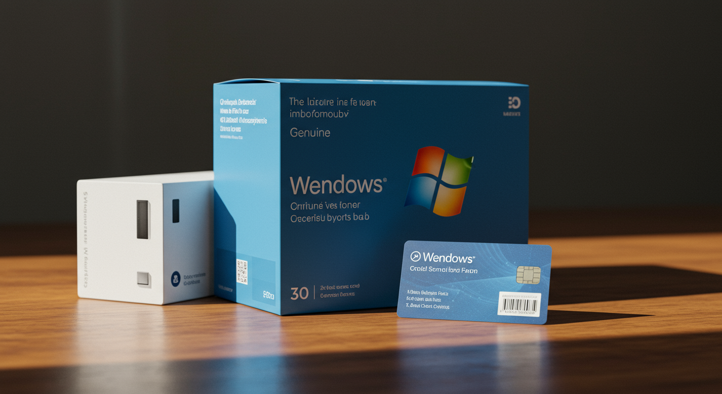 デスクに置かれたWindows正規品パッケージとライセンスカード