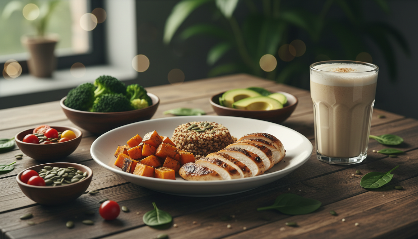 健康的な食事とプロテインシェイク