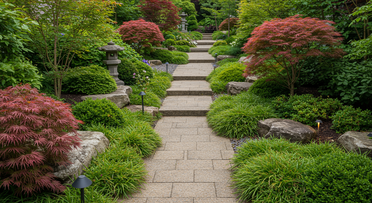 庭園と一体化した長いスロープデザイン