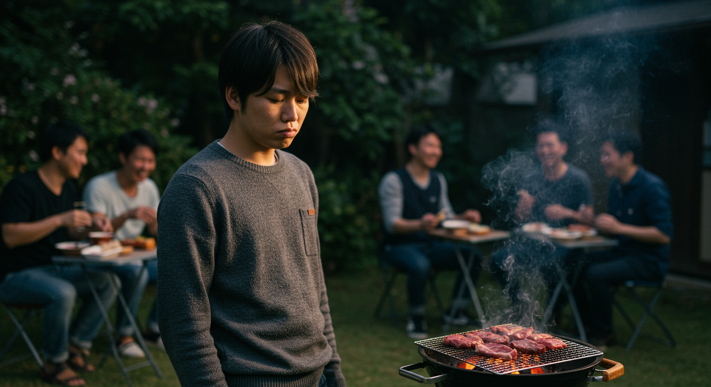 バーベキューで焼き係を担当する人の様子