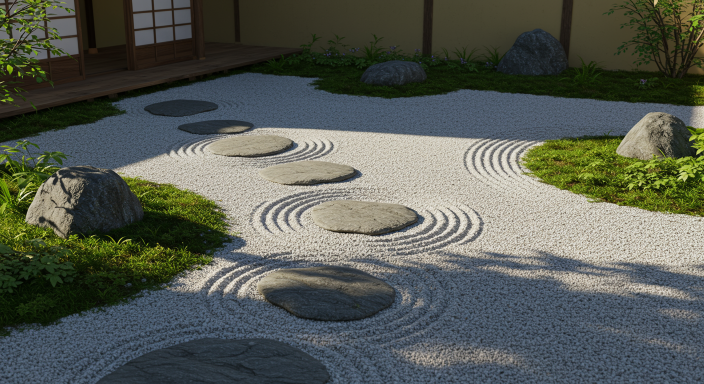 和風庭園に敷かれた白い玉砂利と飛び石の組み合わせ