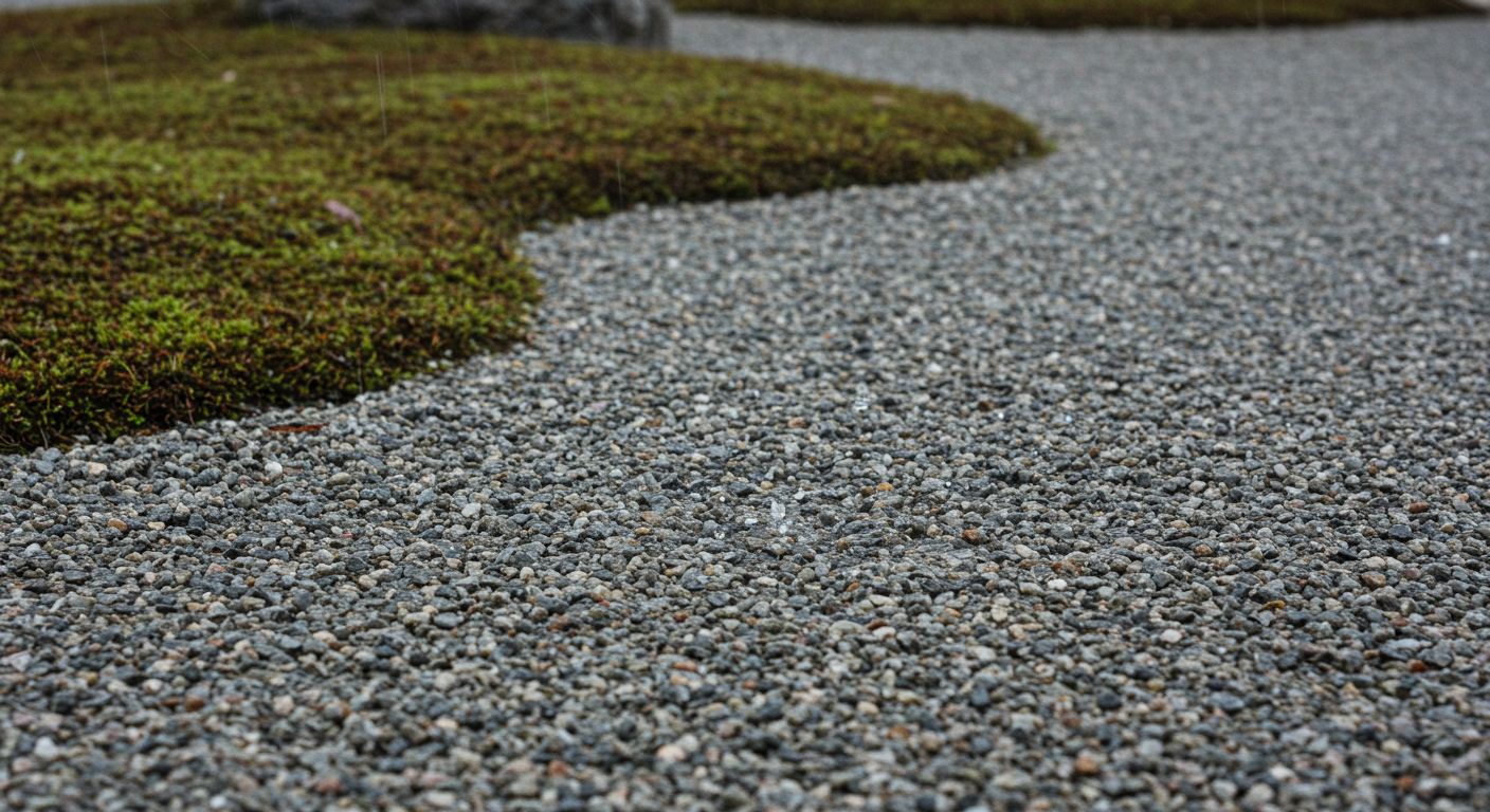 雨の日の砂利敷きの庭と水はけの良さを示す様子