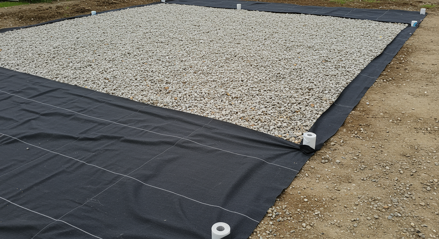 防草シートを敷いてから砂利を施工している様子