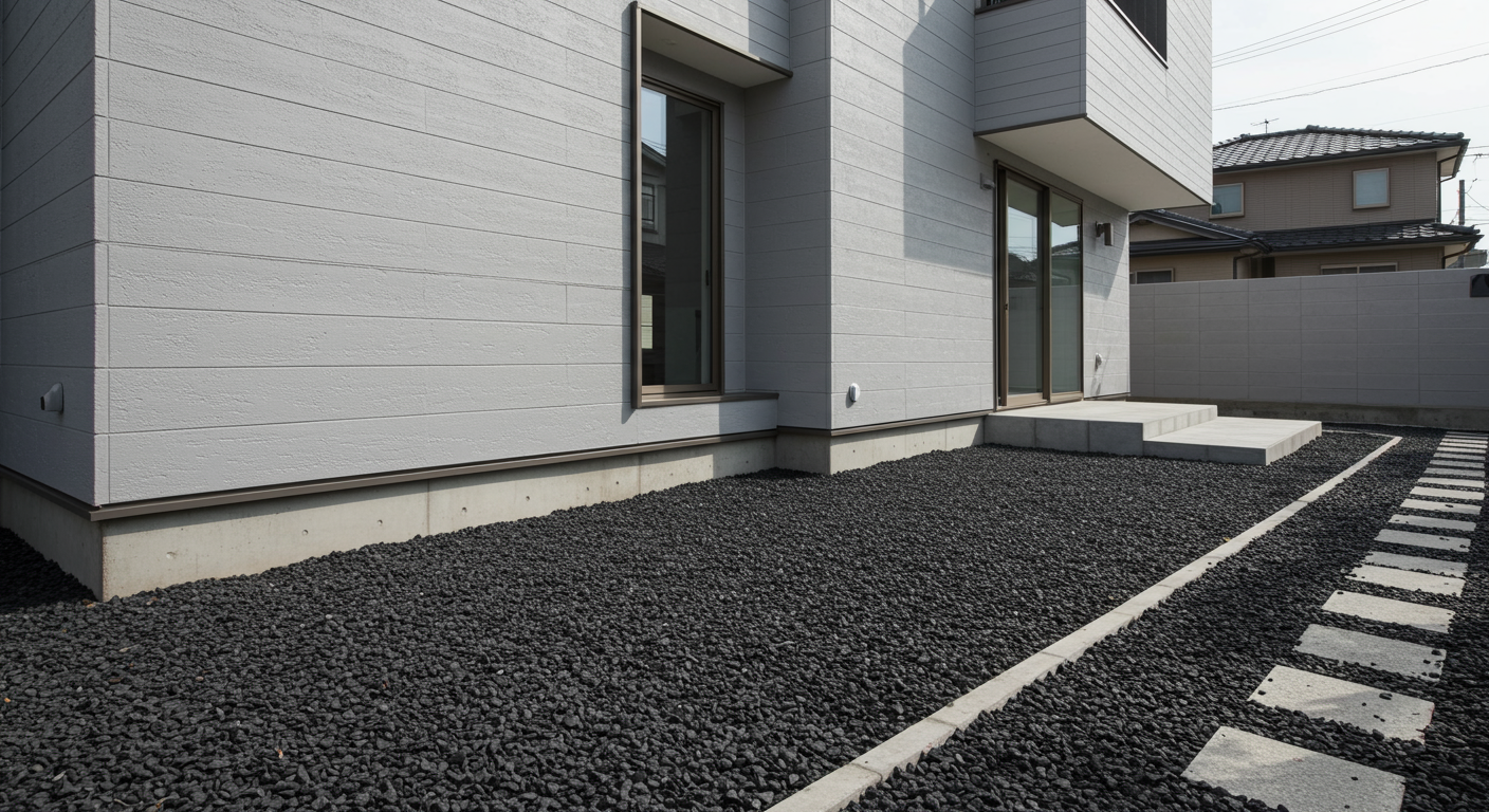 モダンな住宅の周囲に敷かれた黒い砂利