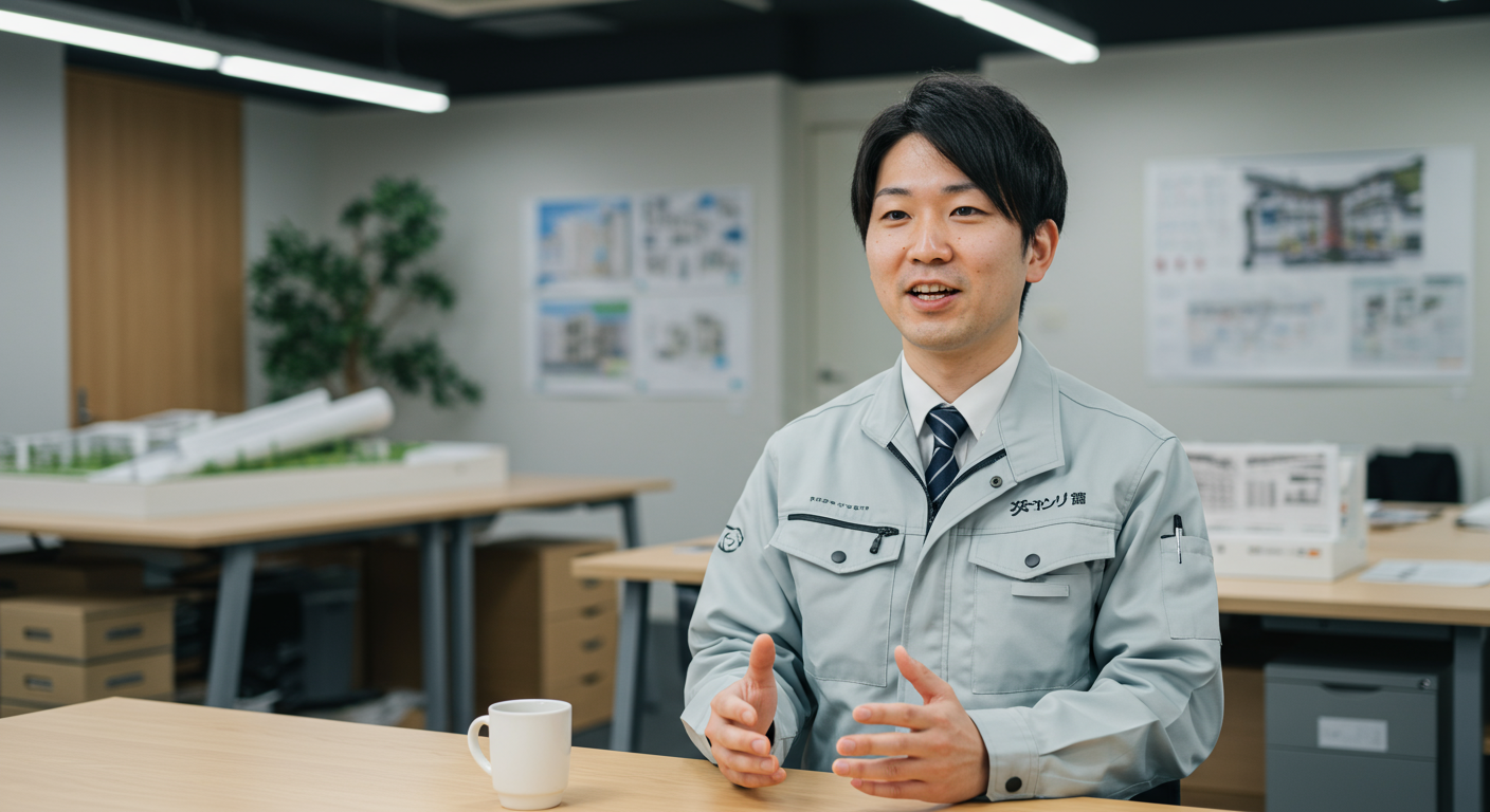 建築会社のスタッフがカメラに向かって話しかけている様子
