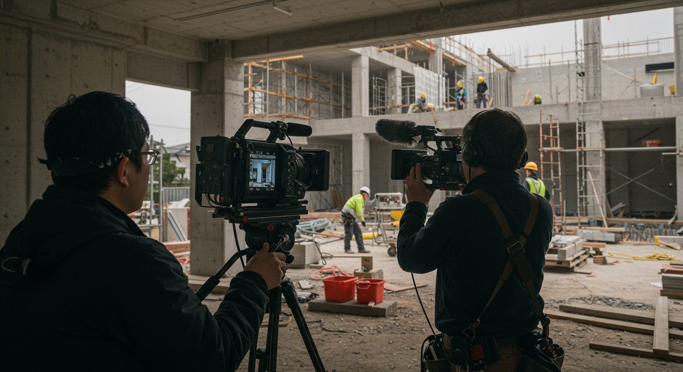 建築現場での作業風景を撮影している様子