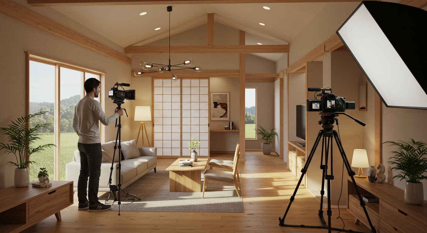 モデルハウスのルームツアーを撮影している様子