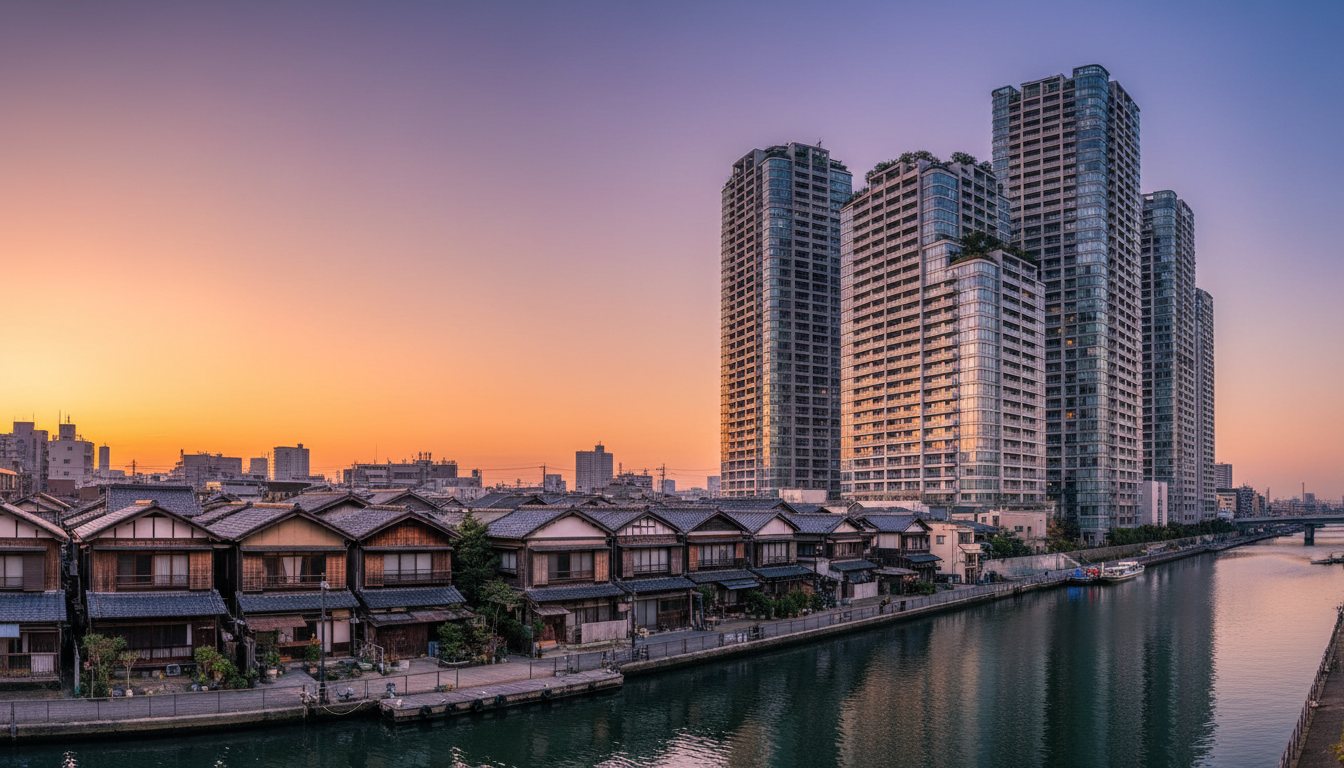 佃エリアの住宅街と隅田川の風景