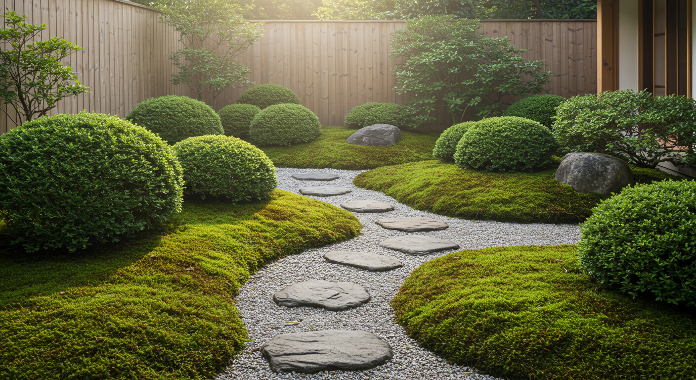 和モダンな庭に配置された低木の景観