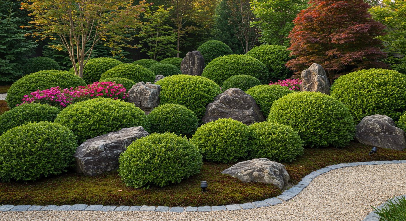 様々な種類の低木が調和した現代的な日本の庭