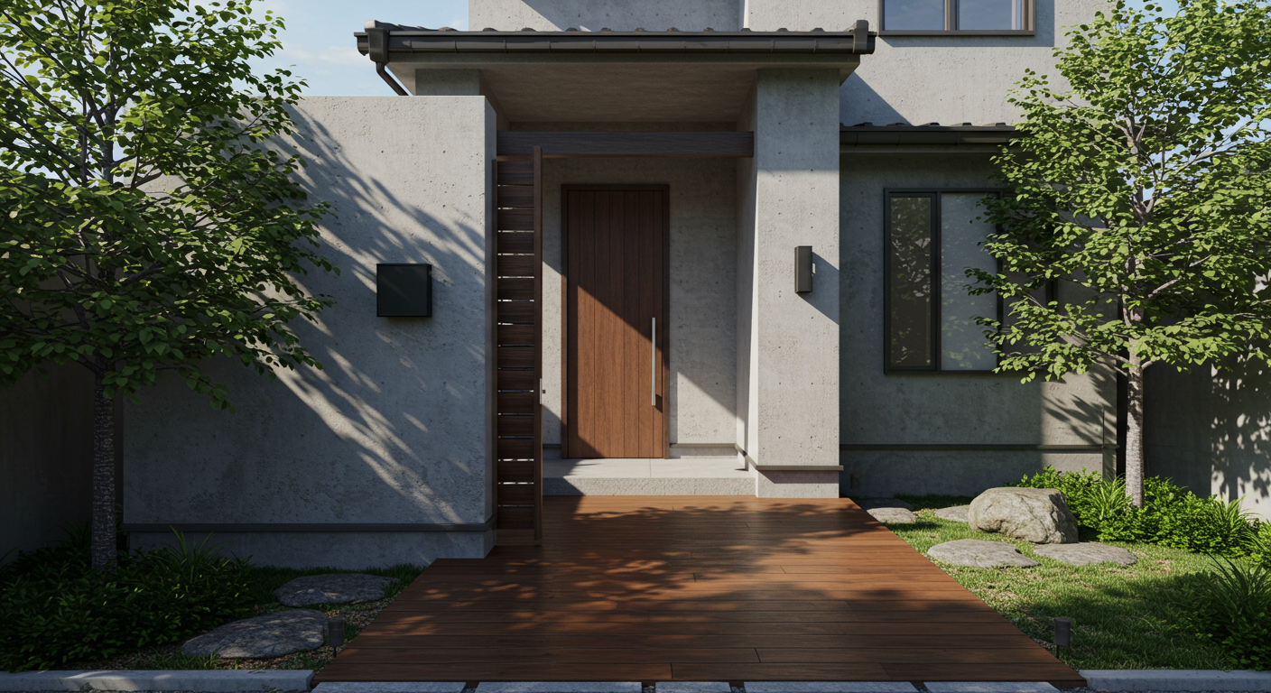 モルタル門柱とウッドデッキを組み合わせた美しい外構デザイン