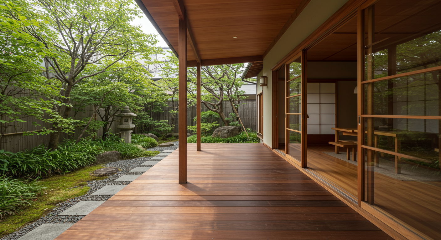 美しいウッドデッキと庭のある外構デザイン