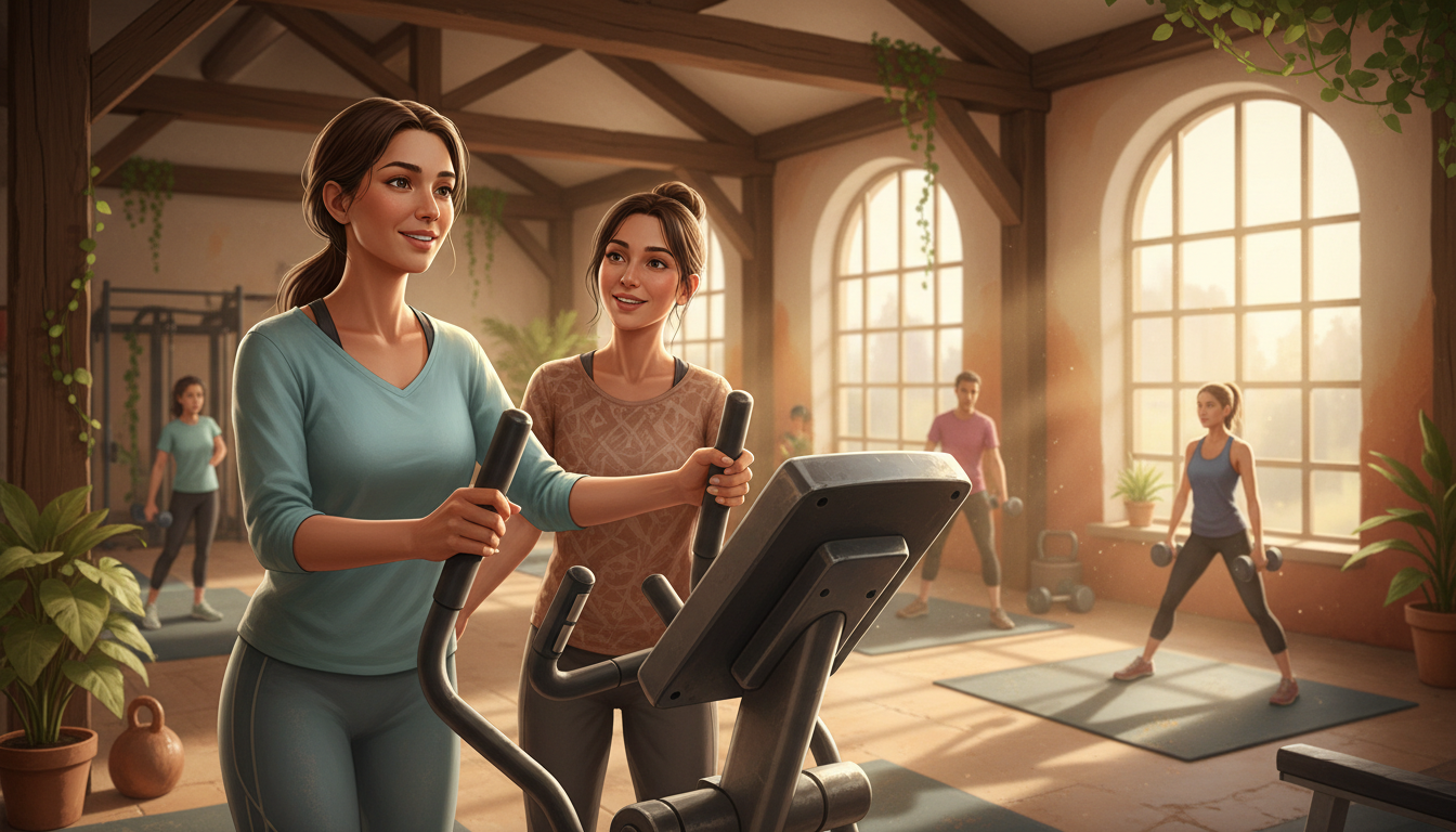 筋トレ初心者の女性がジムでトレーニングを始める様子