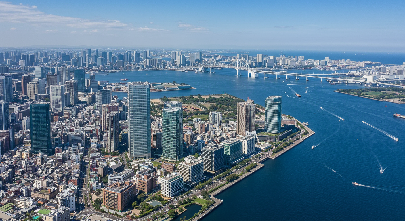 港区海岸エリアの街並みと海岸線の風景