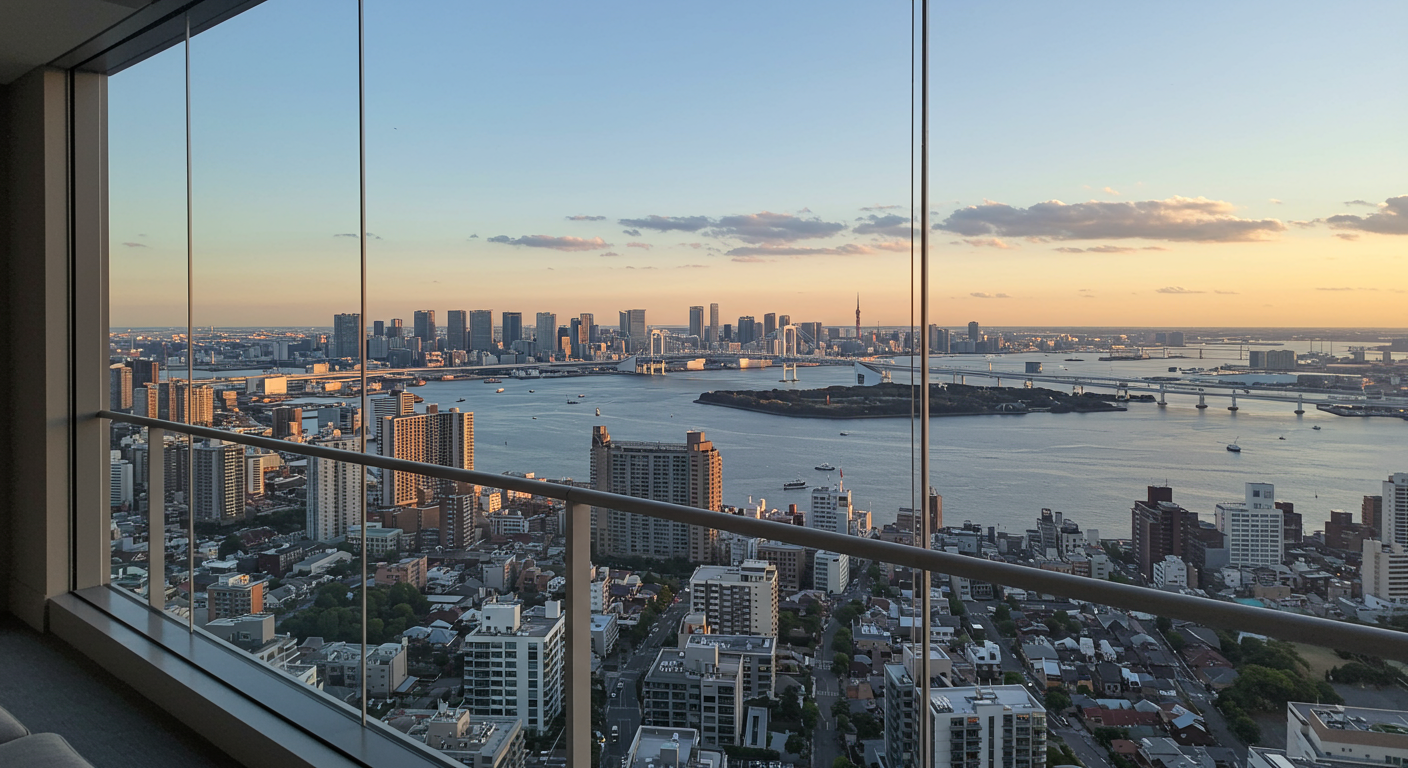 港区海岸エリアの高層マンションからの眺望とレインボーブリッジ