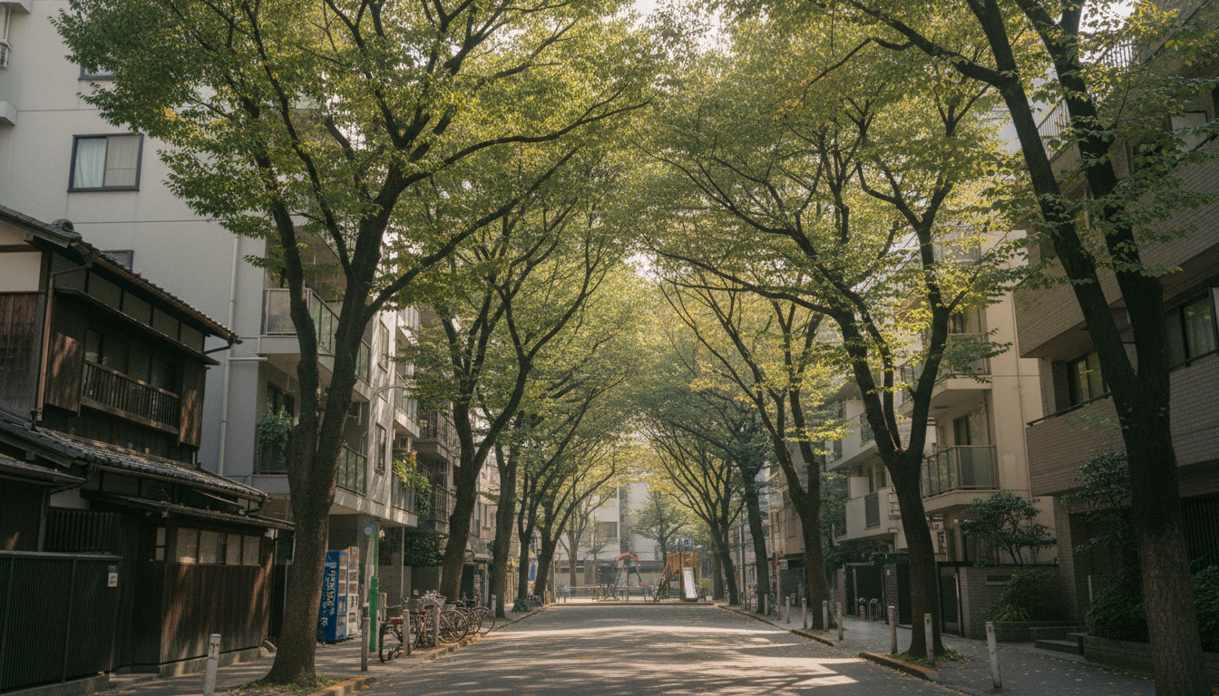 港区三田の閑静な住宅街と緑豊かな公園の風景