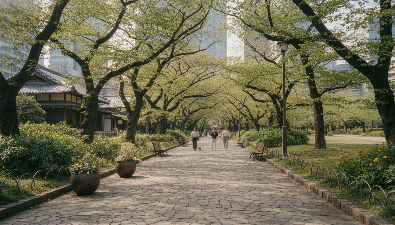 港区三田の芝公園でペットと散歩する風景