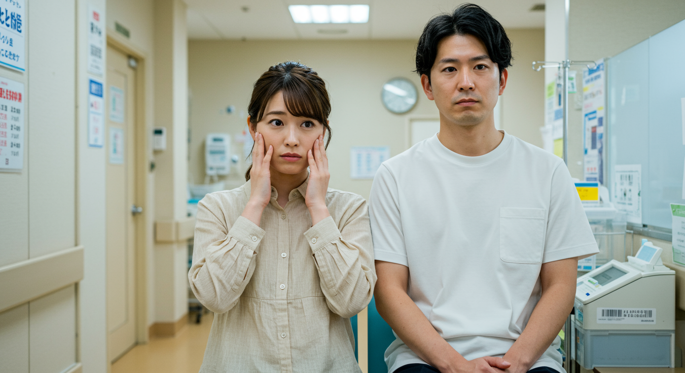 NIPTの検査を受ける妊婦と不安な表情の夫婦