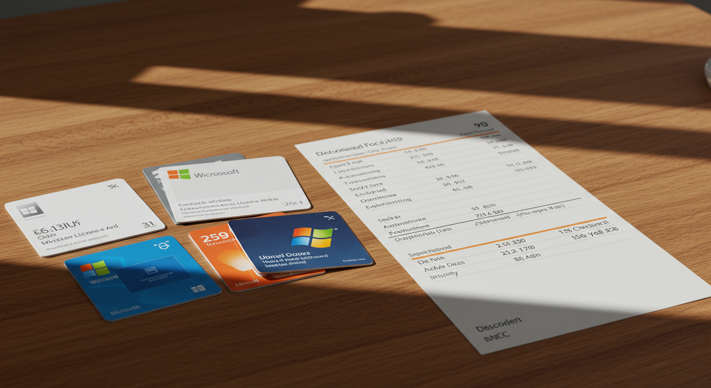 デスクに置かれたWindows・Officeのライセンスカードと価格表