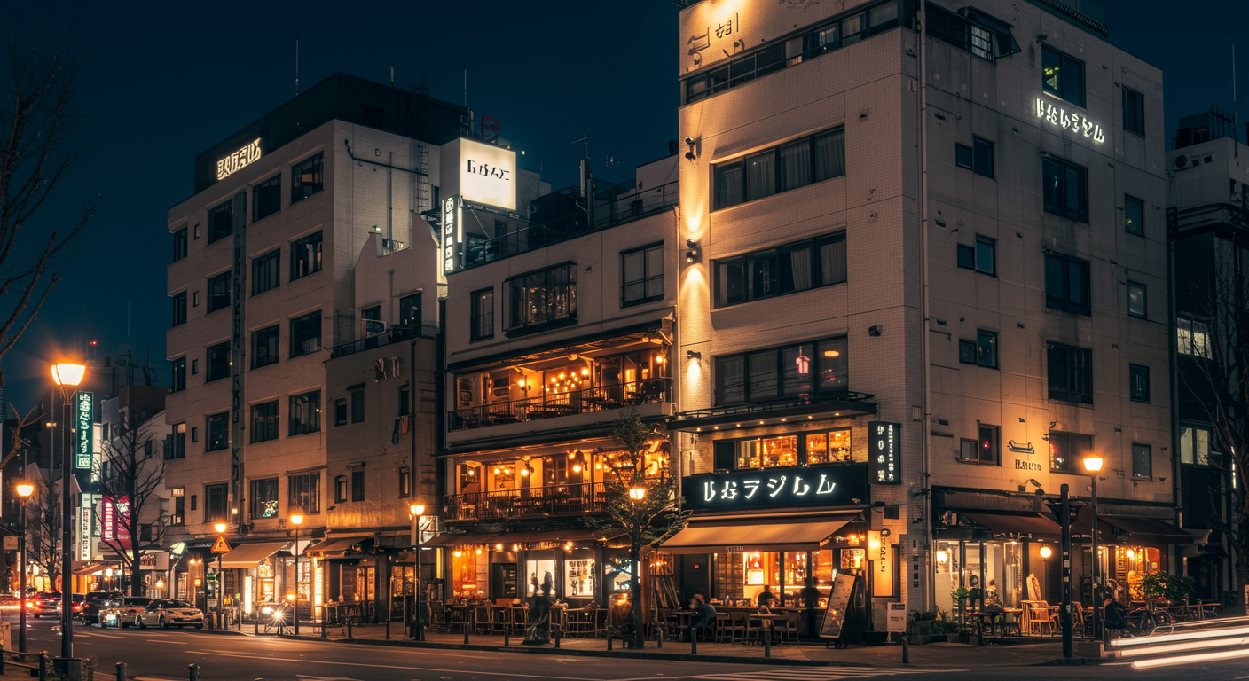 恵比寿の夜景と洗練された宴会シーン