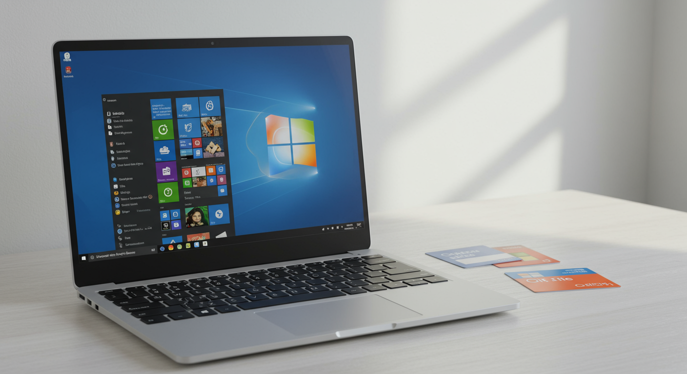 デスクに置かれたノートパソコンとWindows・Officeのライセンスカード