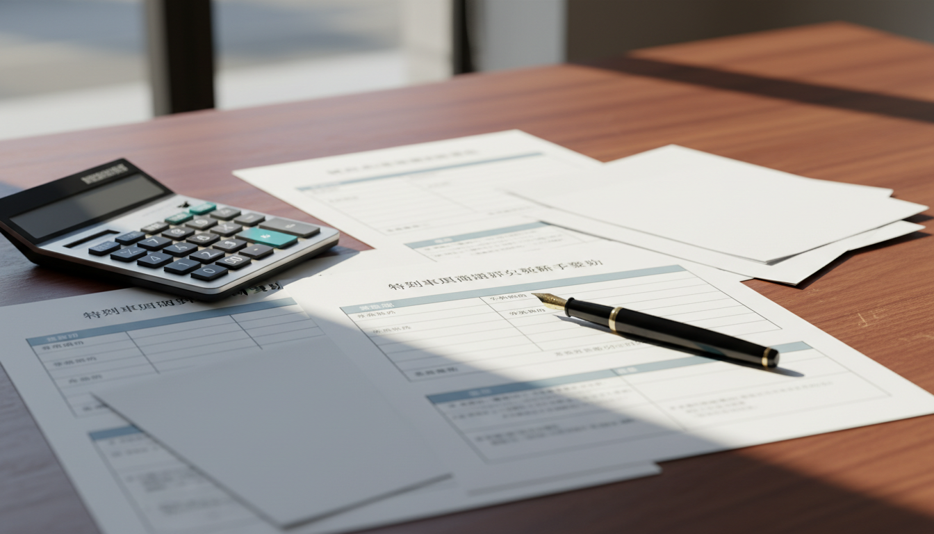 特殊車両通行許可の更新費用内訳を示す書類とペン