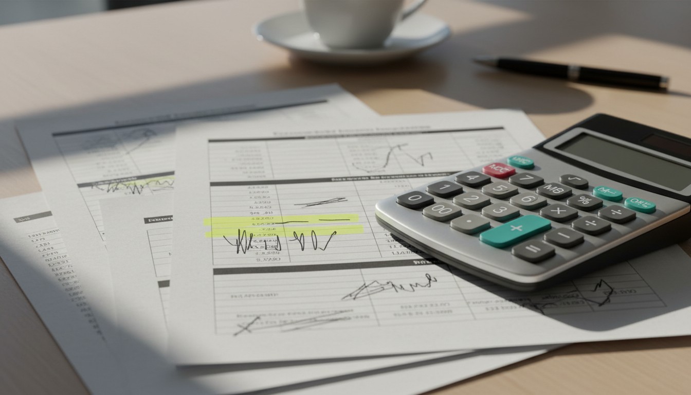 費用削減のアイデアを示す電卓と書類