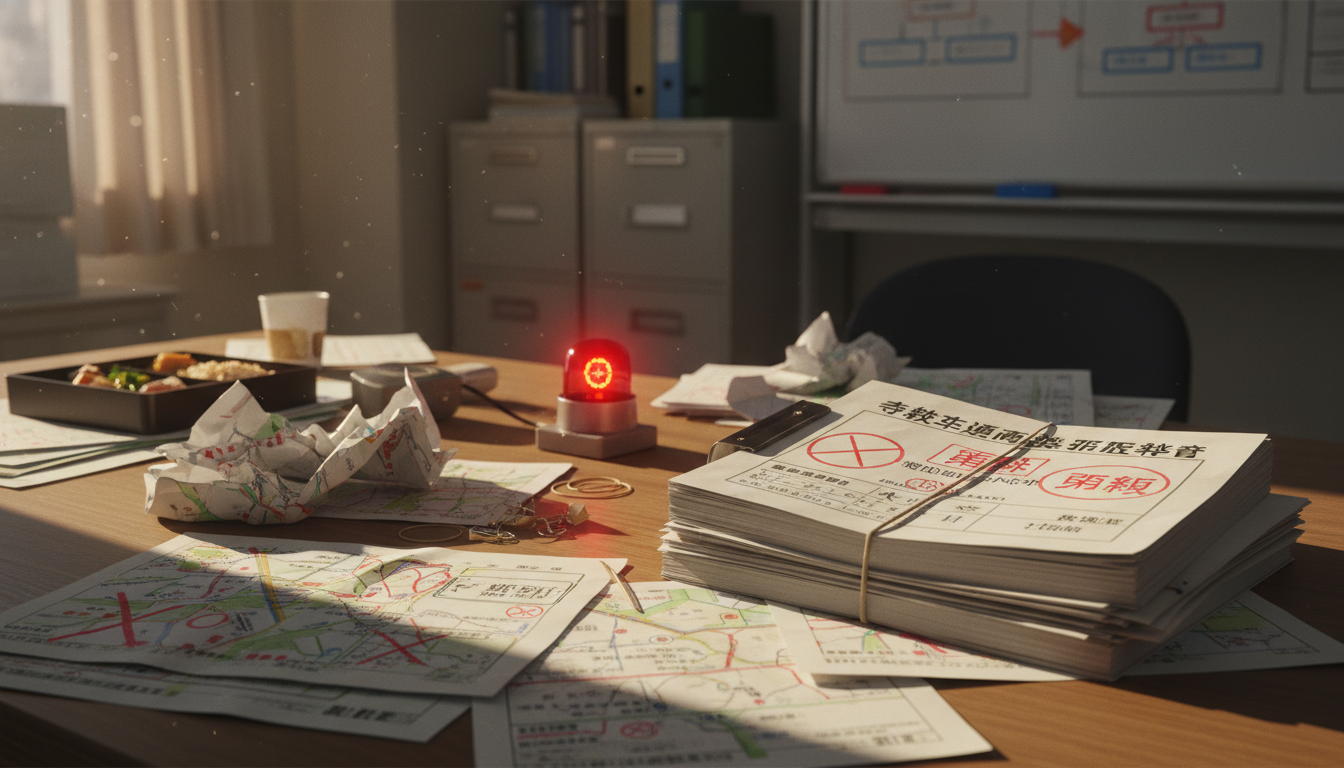 更新申請の失敗例を示す警告サインと書類