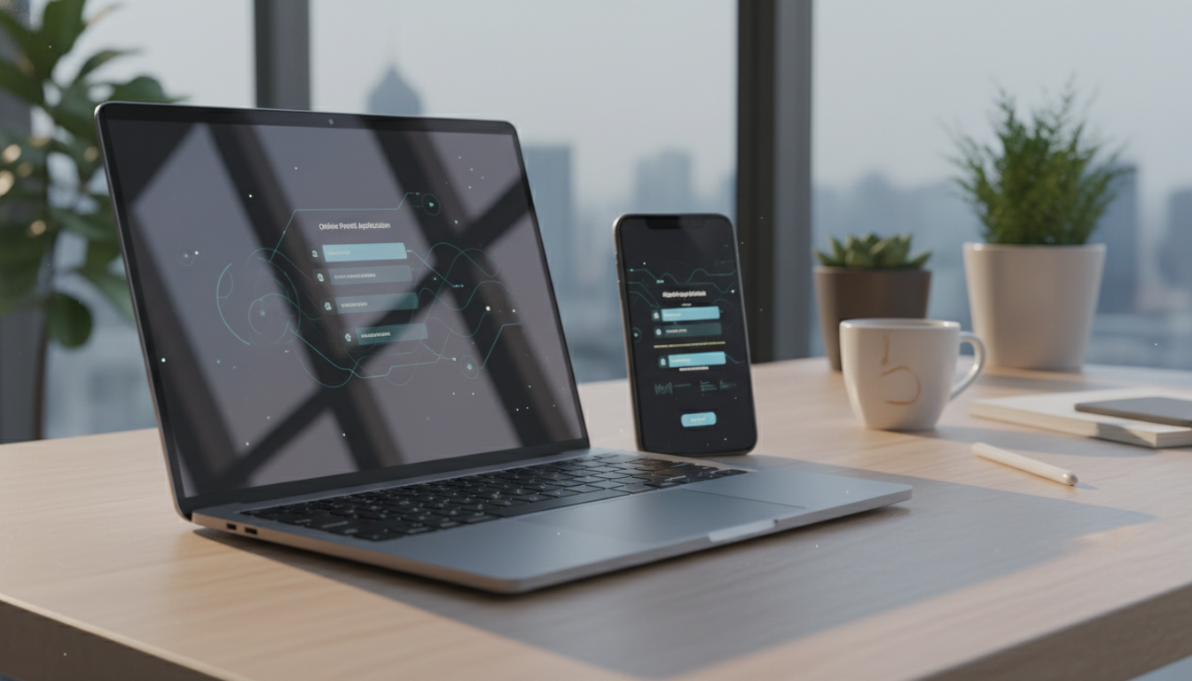 オンライン申請を示すパソコン画面とスマートフォン