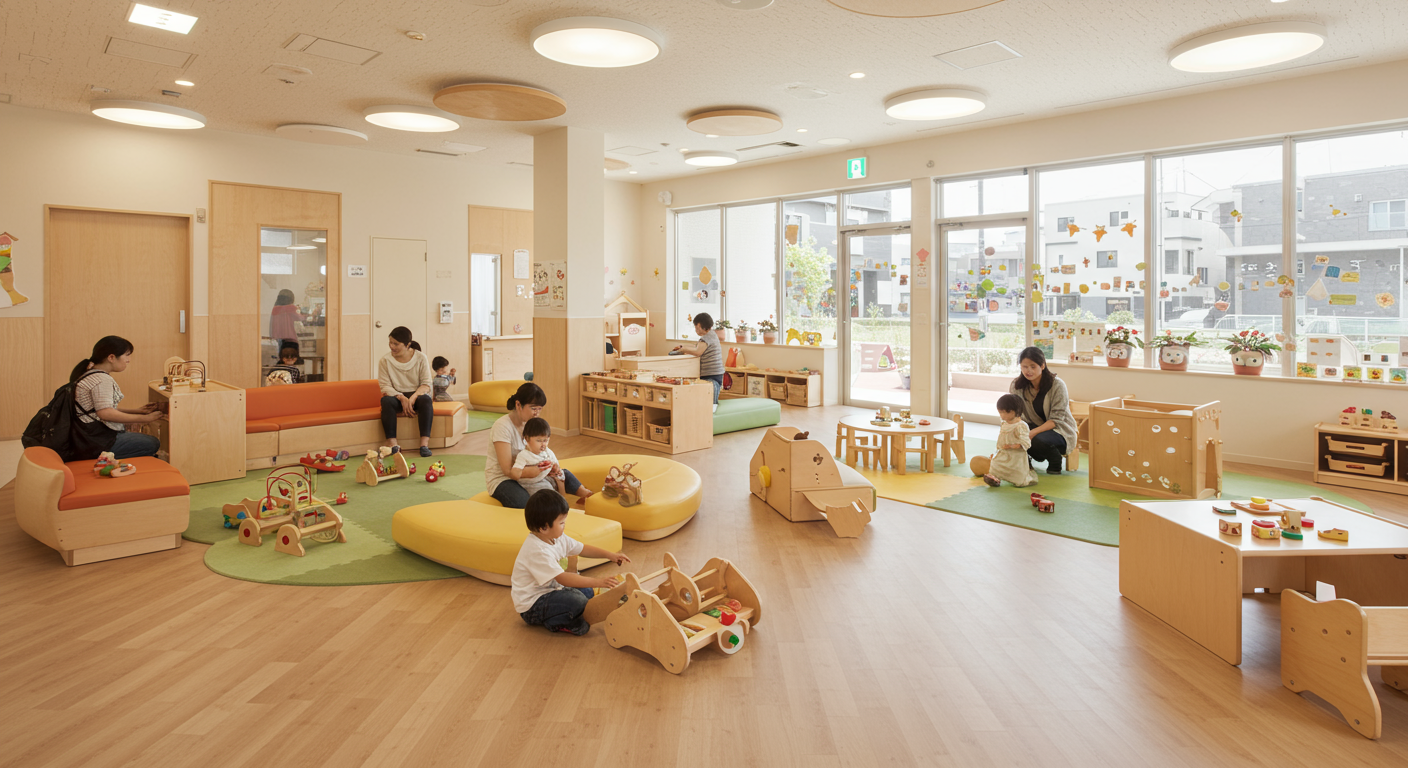 港区の子育て支援センターで遊ぶ親子の様子