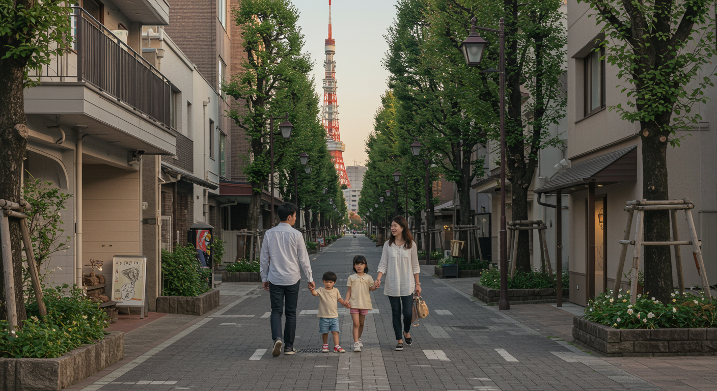 港区芝エリアの街並みと子育て家族の様子