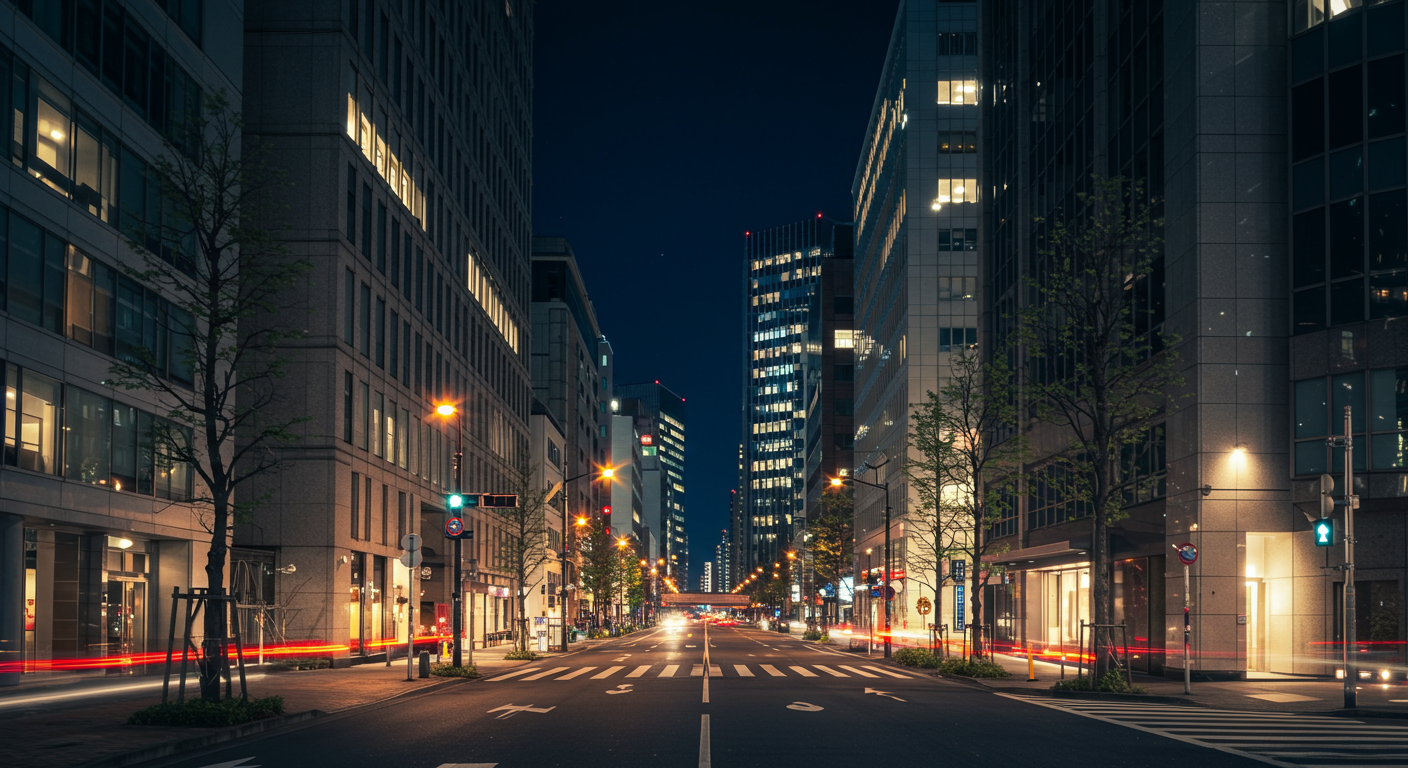 夜の赤坂の街並みとオフィスビル