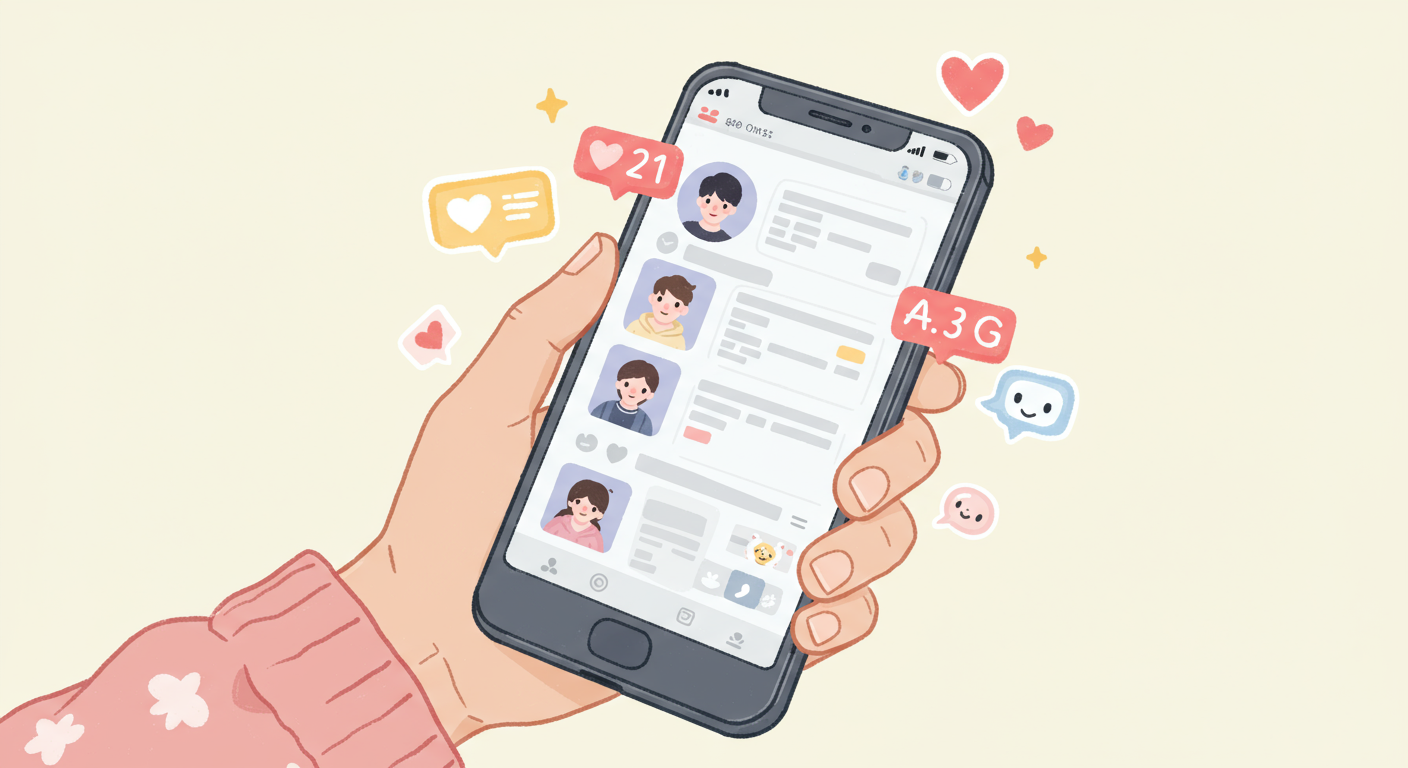 スマートフォンでSNSを楽しむ様子を表現したかわいいイラスト