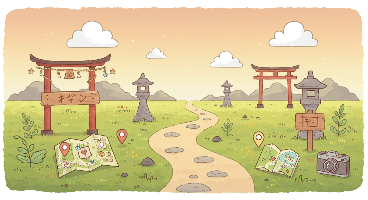 聖地巡礼を楽しむ様子を表現したかわいいイラスト