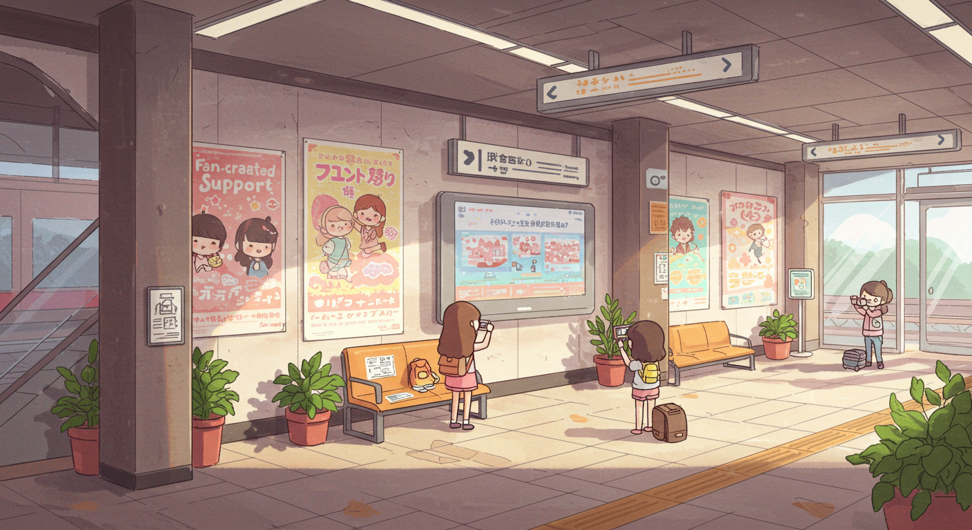 駅構内の応援広告を表現したかわいいイラスト
