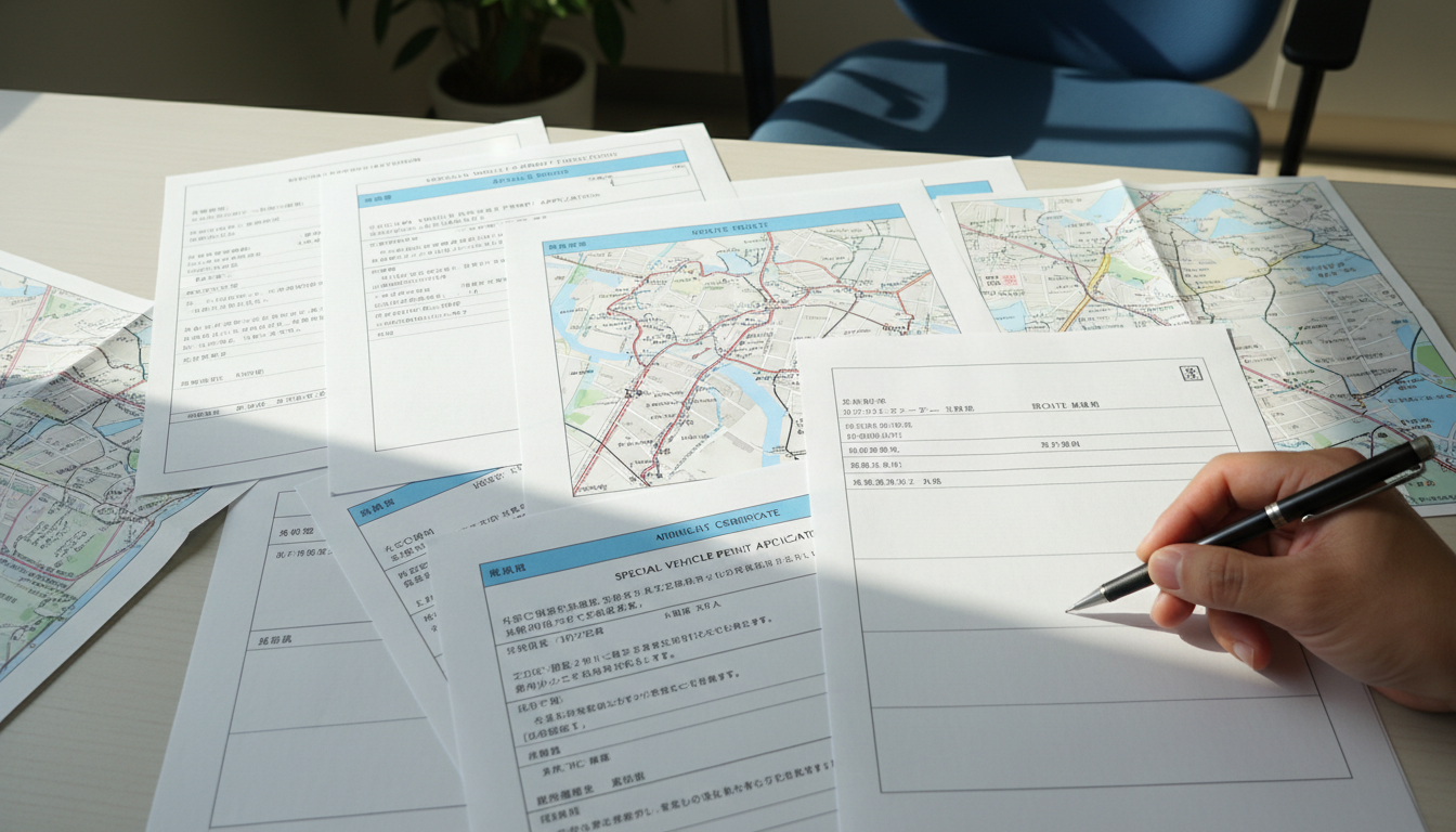 特殊車両の申請書類と車検証を確認する様子