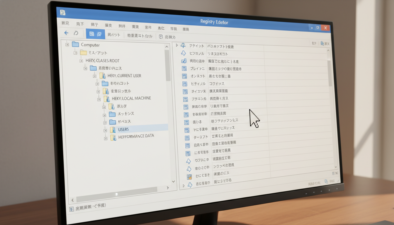 レジストリエディターの画面とキー作成の操作手順