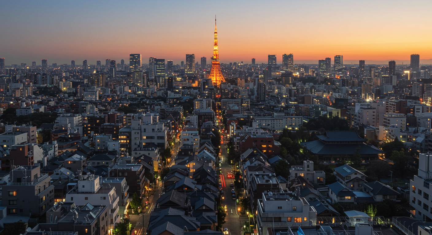 夕暮れ時の麻布狸穴町の街並みと東京タワーの風景