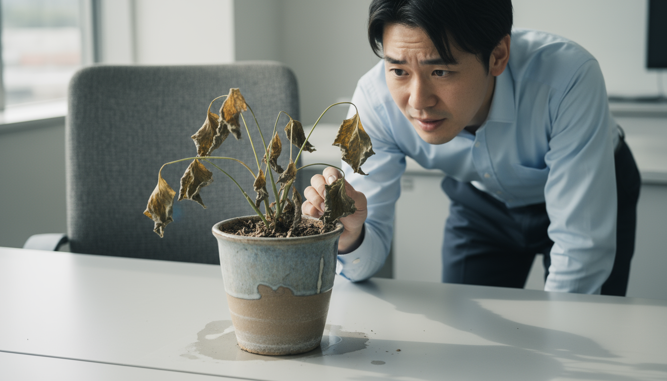 オフィスで枯れかけた観葉植物と困惑する従業員