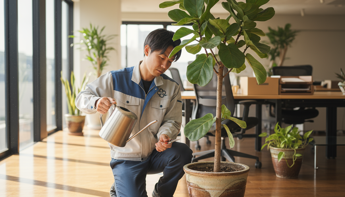 プロのスタッフがオフィスで観葉植物のメンテナンスを行う様子