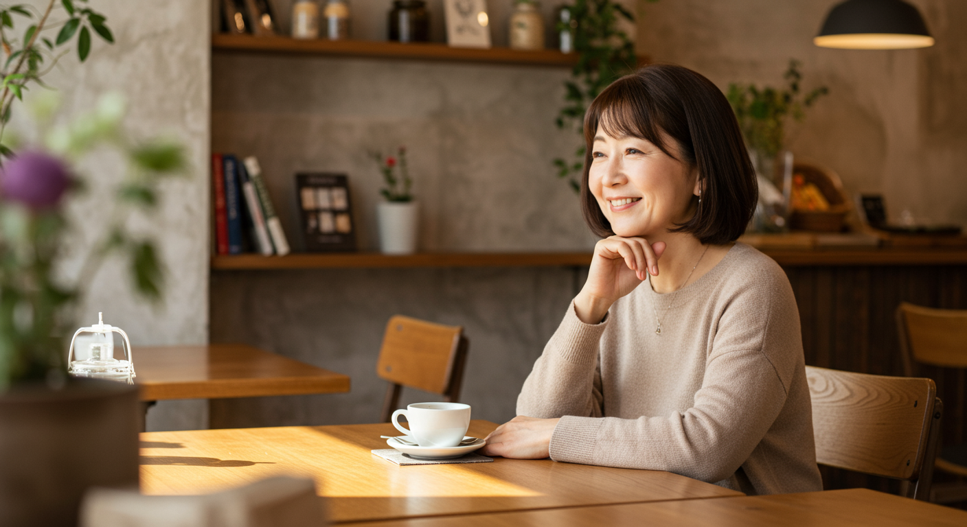 カフェでくつろぐアラフィフ女性の笑顔の様子