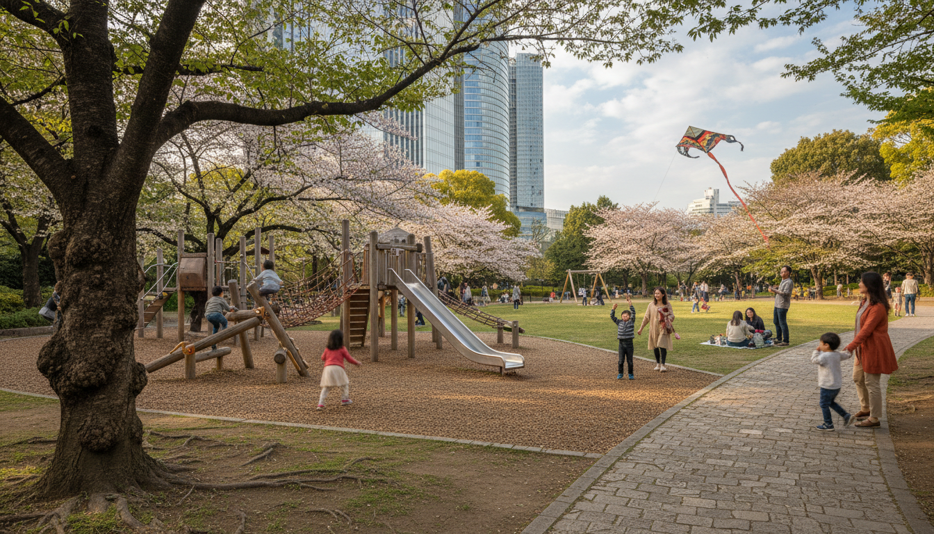 六本木ヒルズ周辺の緑豊かな公園でファミリーが過ごす様子