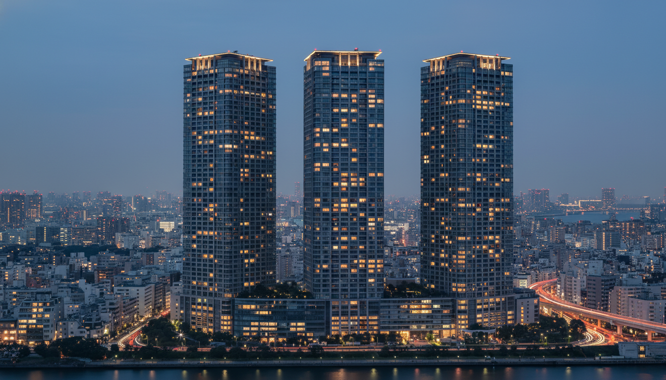 港区六本木の高級タワーマンション外観と周辺の都市景観