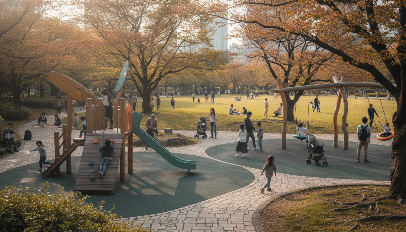 六本木の公園で遊ぶ子どもたちとファミリーの様子