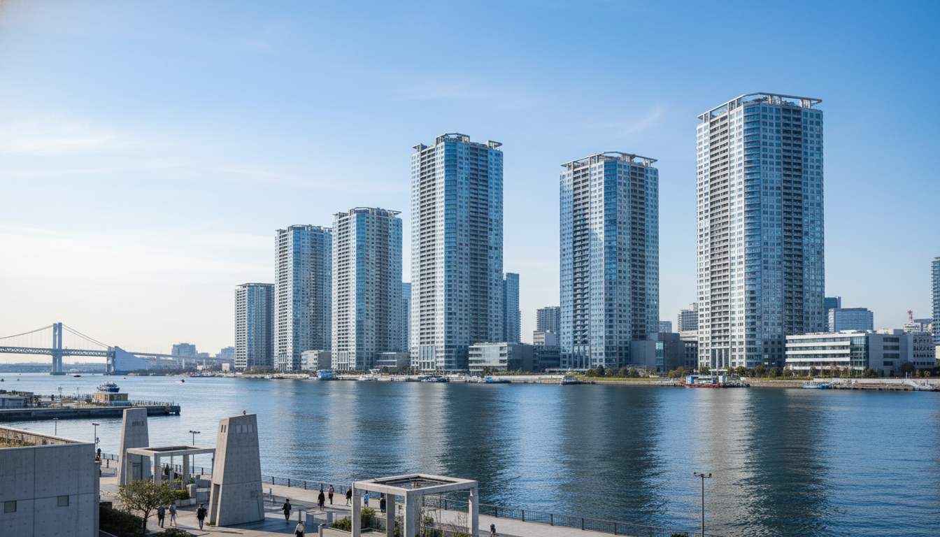 勝どき駅周辺のタワーマンション群と東京湾の景観