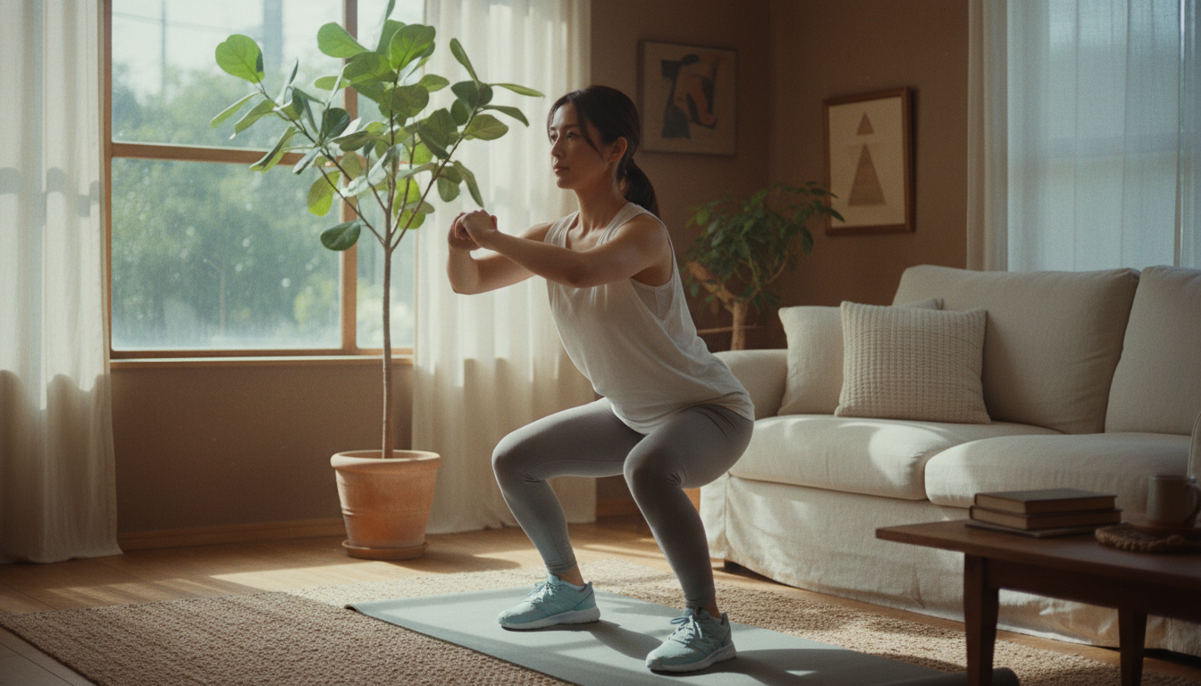 自宅でトレーニングする女性の様子