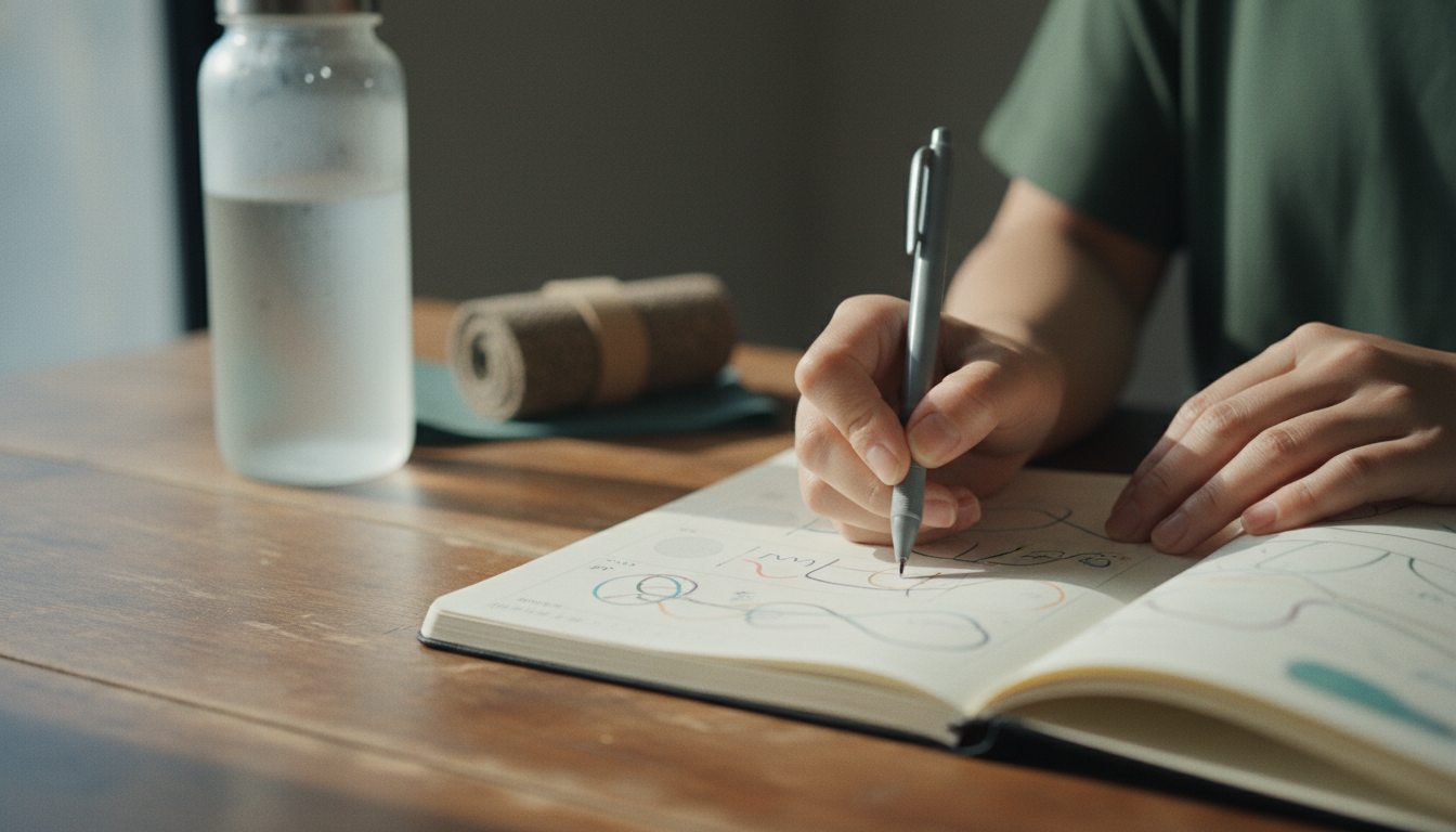 トレーニング成果を記録する女性の手元